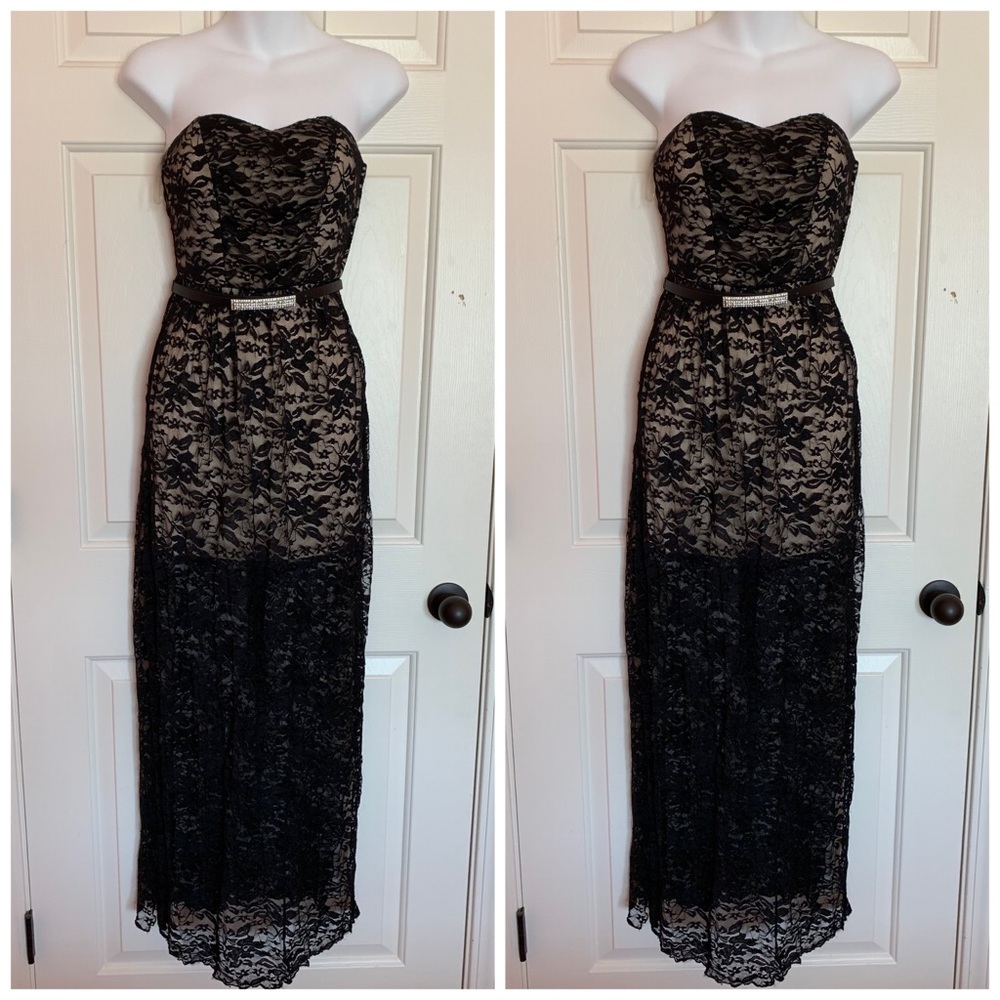 Strapless Lace Leg Slit Dress